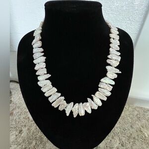 Keshi Biwa Baroque Genuine Organic Sterling Clasp Pinkish Cream Pearl Necklace
